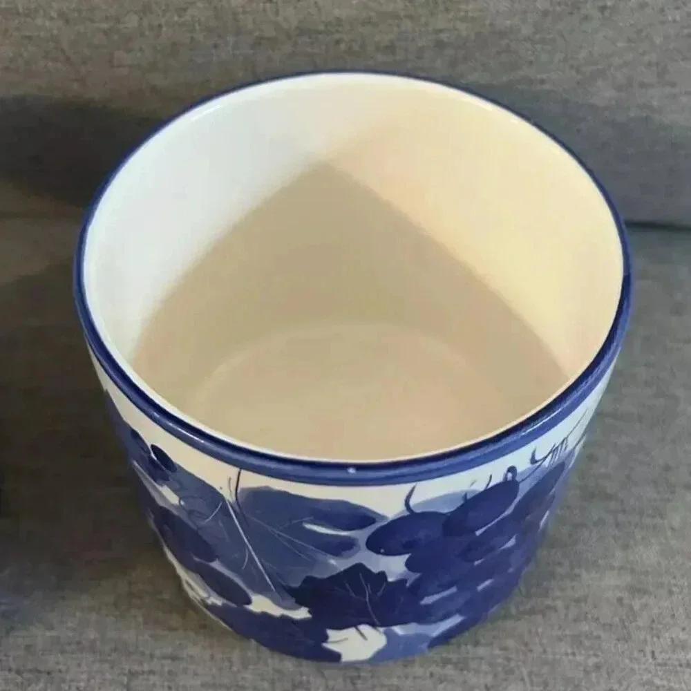 Pair of Hand Painted Blue & White Grapes & Vines Canisters + Lid